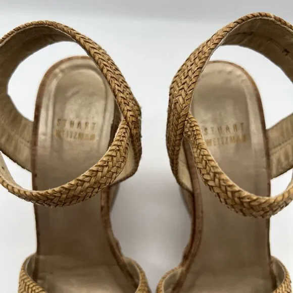 Stuart Weitzman Minx Tan Woven Leather Ankle Strap Cork Wedge Sandals Women’s 7 - Picture 8 of 16